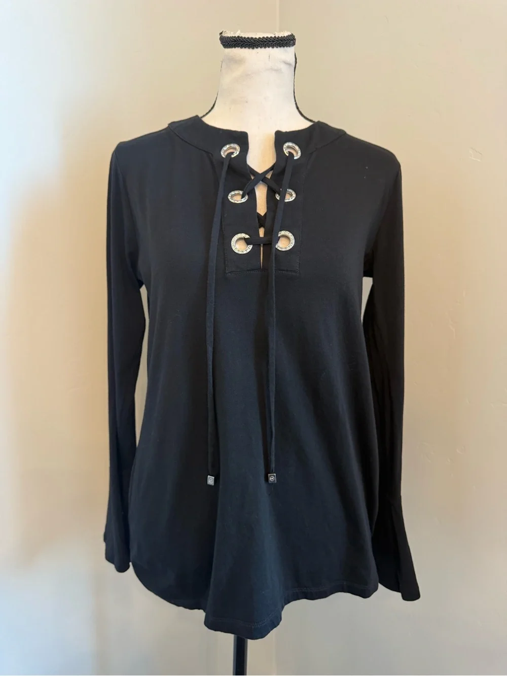 Michael Kors Black Lace Up Tunic Top Rhinestone Grommet Bell Sleeve S